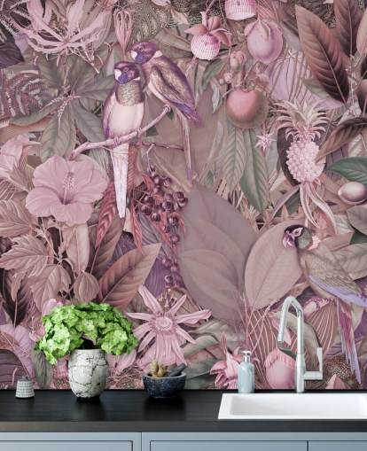 papier peint oiseaux et feuilles rose