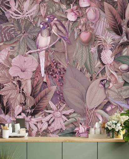 papel de parede rosa pássaros e folhas