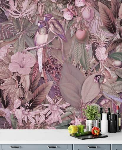 papier peint oiseaux et feuilles rose