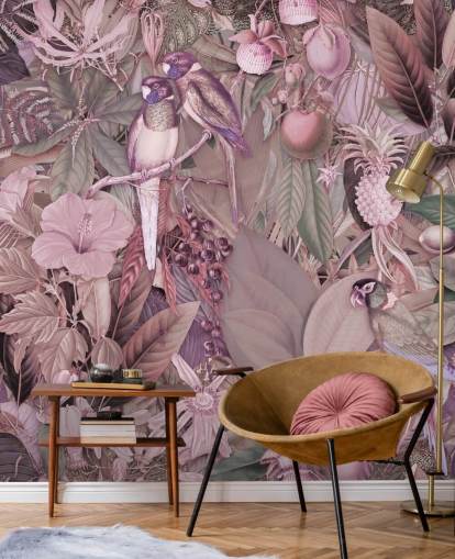 birds and leaves pink wallpaper