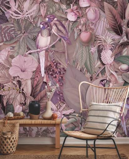 birds and leaves pink wallpaper