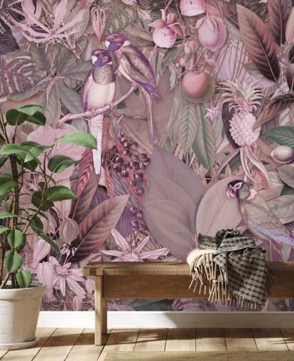 papel pintado pájaros y hojas rosa