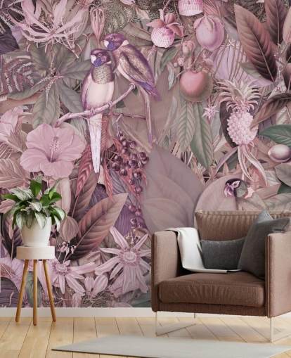 papier peint oiseaux et feuilles rose