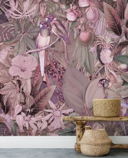 papel pintado pájaros y hojas rosa