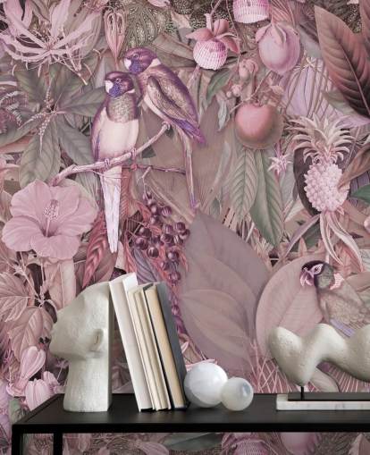 birds and leaves pink wallpaper