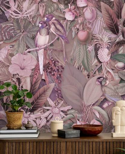 birds and leaves pink wallpaper