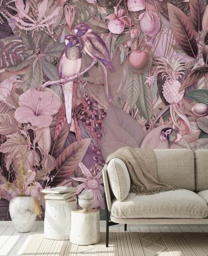 birds and leaves pink wallpaper