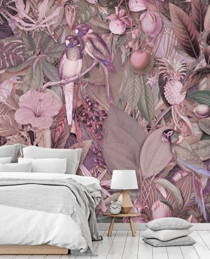 vogels en bladeren roze behang