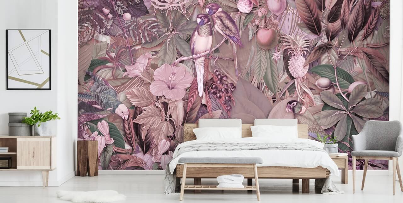 papier peint oiseaux et feuilles rose