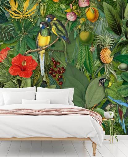 colourful jungle with parrots wallpaper