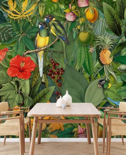 colourful jungle with parrots wallpaper