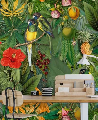 colourful jungle with parrots wallpaper