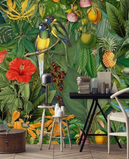colourful jungle with parrots wallpaper