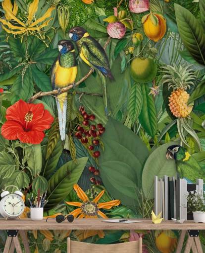 Papel pintado de selva con loros