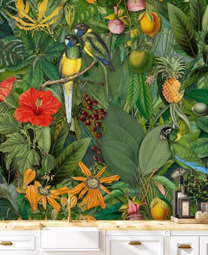 colourful jungle with parrots wallpaper