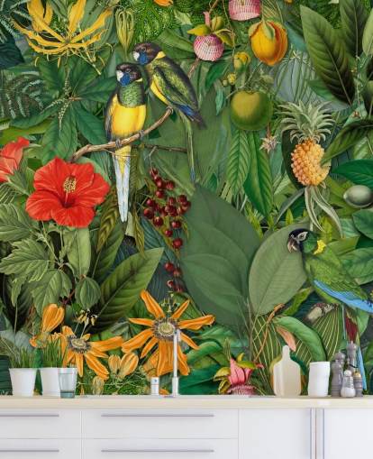 Papel pintado de selva con loros