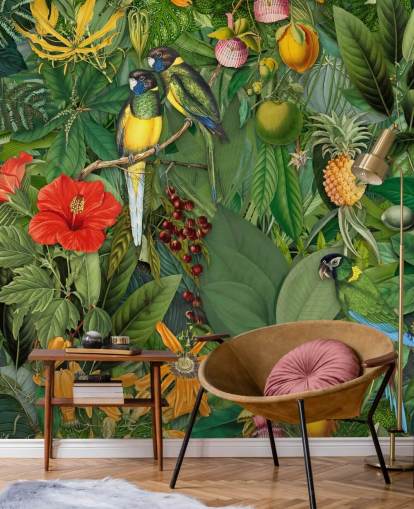 colourful jungle with parrots wallpaper