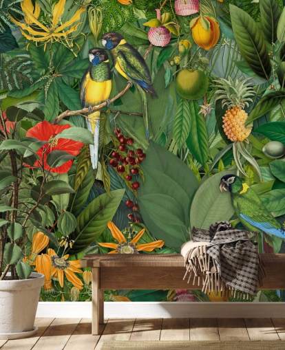Papel pintado de selva con loros