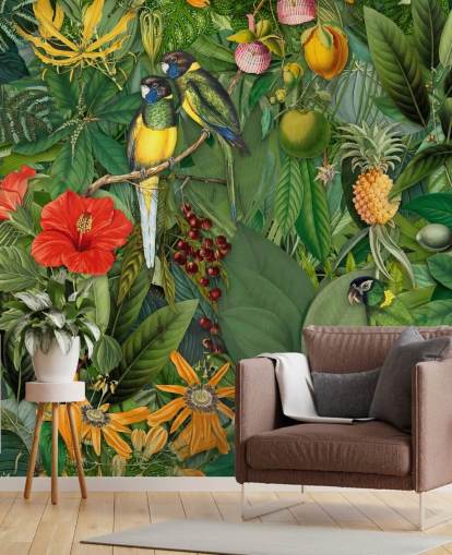 colourful jungle with parrots wallpaper
