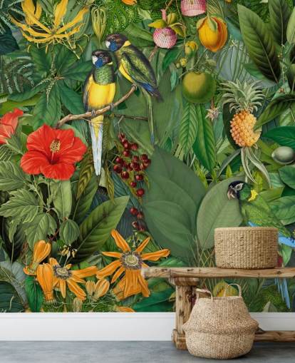 colourful jungle with parrots wallpaper