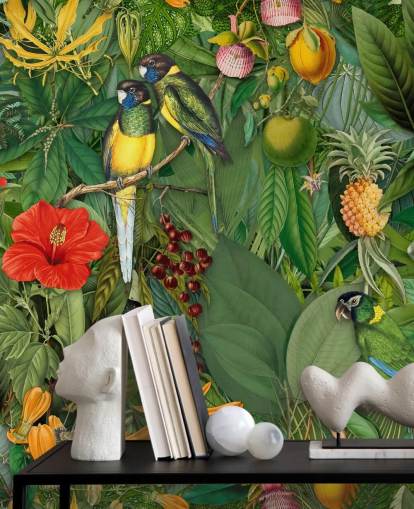 colourful jungle with parrots wallpaper