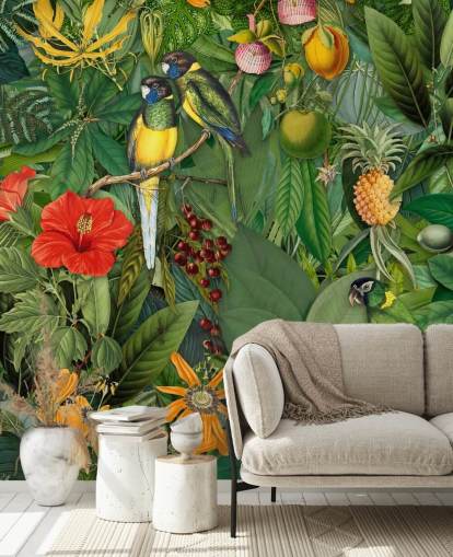 Papel pintado de selva con loros