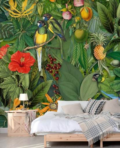 Papel pintado de selva con loros