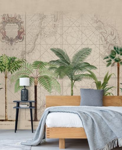 row of tropical trees and map background wallpaper