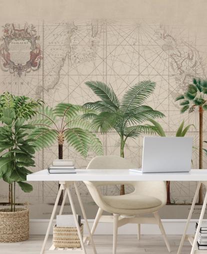 row of tropical trees and map background wallpaper