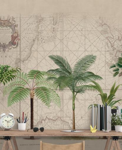 row of tropical trees and map background wallpaper