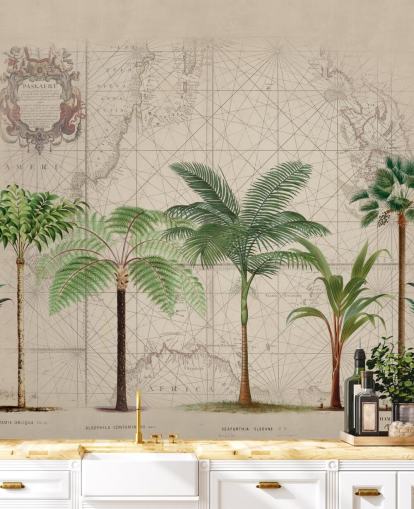 row of tropical trees and map background wallpaper