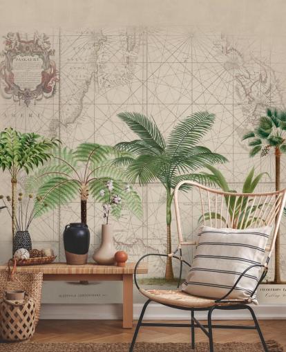 row of tropical trees and map background wallpaper