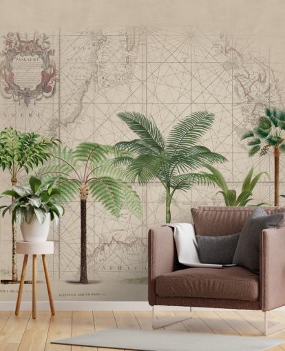 row of tropical trees and map background wallpaper