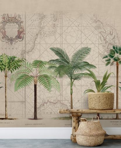 row of tropical trees and map background wallpaper