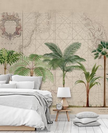 row of tropical trees and map background wallpaper
