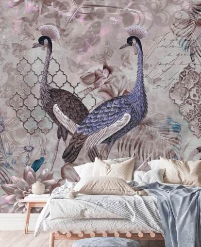 purple brown vintage background with blue cranes wallpaper