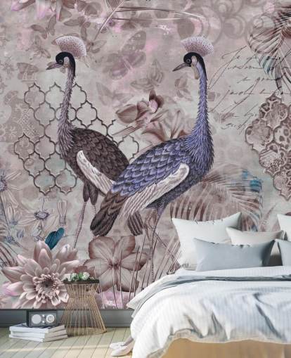 lila brauner Vintage-Hintergrund mit blauen Kranichen Tapete