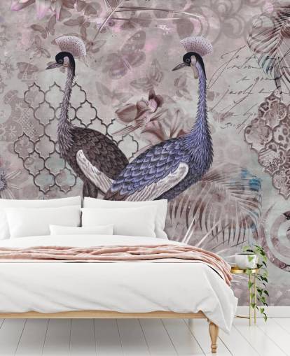 fond vintage brun violet avec papier peint grues bleues