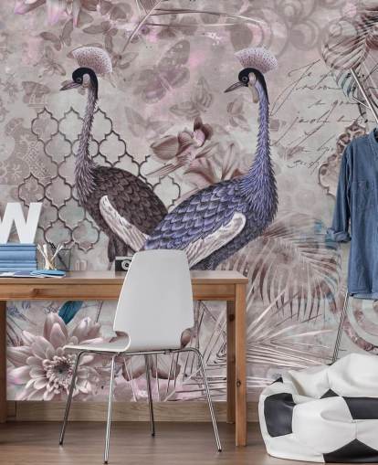 purple brown vintage background with blue cranes wallpaper