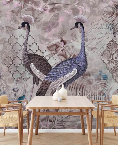 paarse bruine vintage achtergrond met blauwe kranen behang