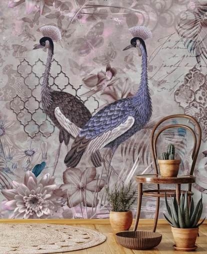 fondo vintage marrón púrpura con papel pintado grullas azules