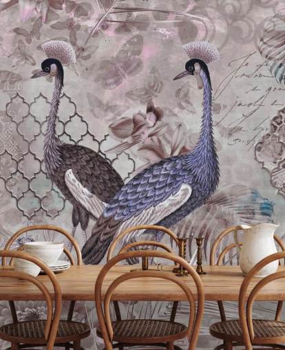 purple brown vintage background with blue cranes wallpaper