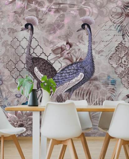 purple brown vintage background with blue cranes wallpaper