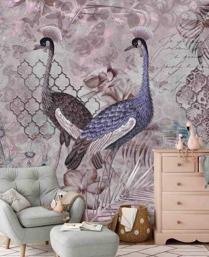 lila brauner Vintage-Hintergrund mit blauen Kranichen Tapete