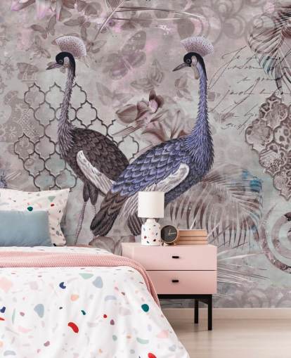 lila brauner Vintage-Hintergrund mit blauen Kranichen Tapete