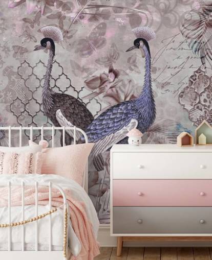 purple brown vintage background with blue cranes wallpaper