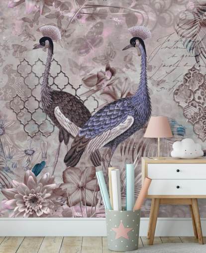 fond vintage brun violet avec papier peint grues bleues