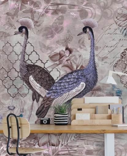 fond vintage brun violet avec papier peint grues bleues