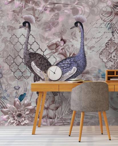purple brown vintage background with blue cranes wallpaper