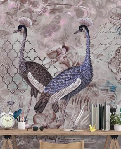 paarse bruine vintage achtergrond met blauwe kranen behang